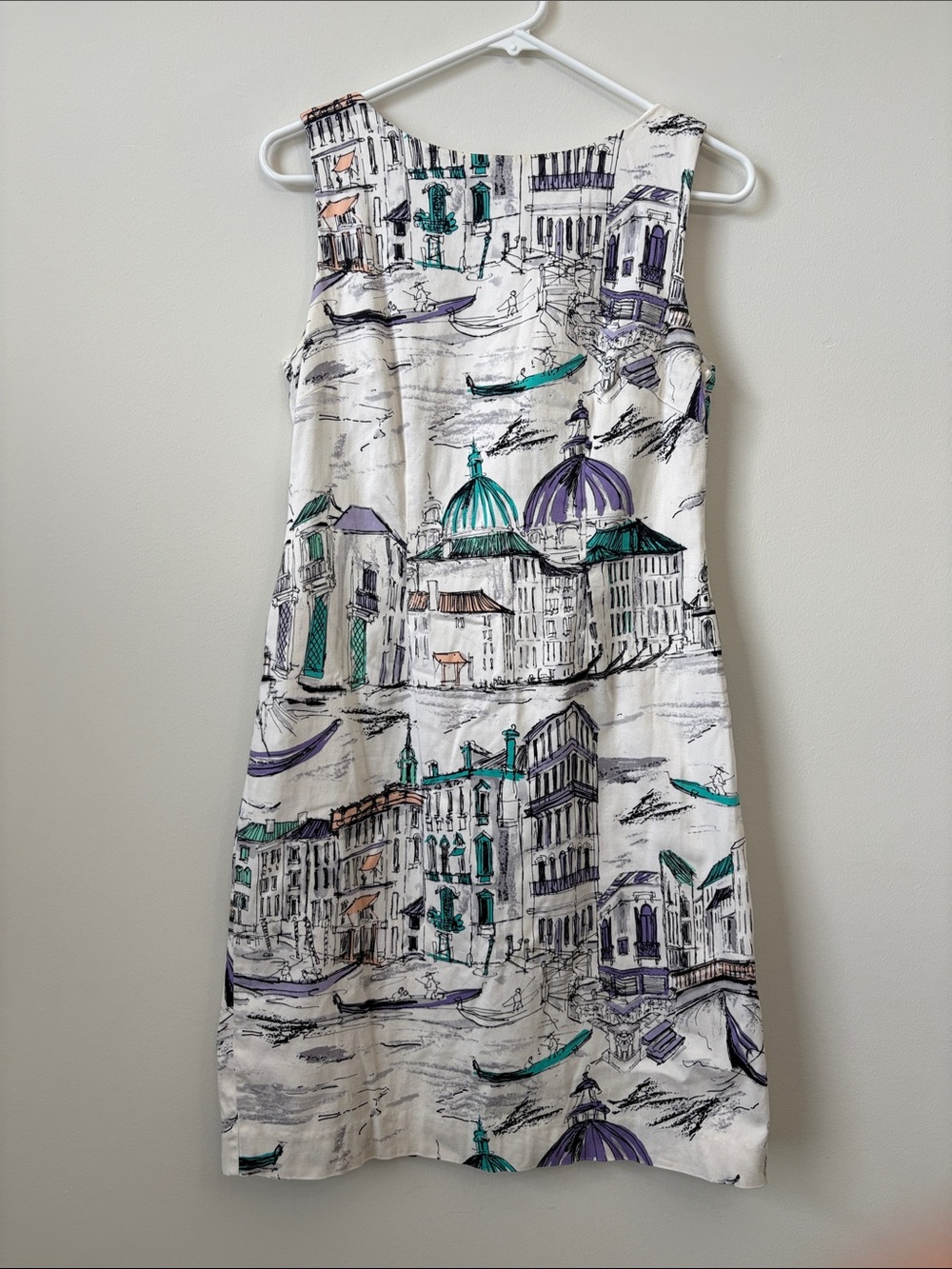 Chetta B White Midi Dress with Teal & Purple Scenic Print